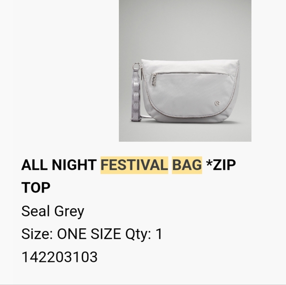 Lululemon All Night Festival Bag Zip Top Seal Grey - Picture 13 of 16